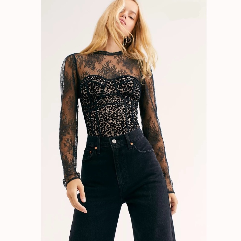 Free People Black Lace Leopard Bodysuit Top